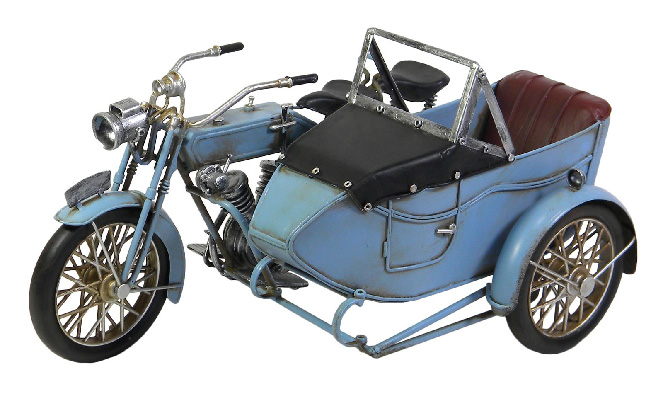 Repro Tin Light Blue Motorcycle With Side Car - Click Image to Close